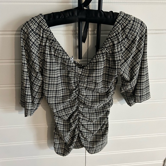 Ganni Seersucker V-neck Blouse Black Mini Check size 4 - Picture 5 of 7